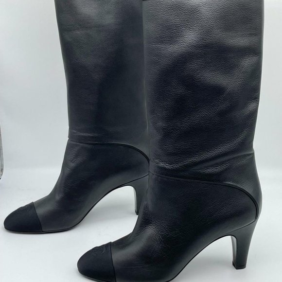 CHANEL 20K Calfskin Leather FoldOver Cuff Tall Knee High Boots Heels - Picture 1 of 16